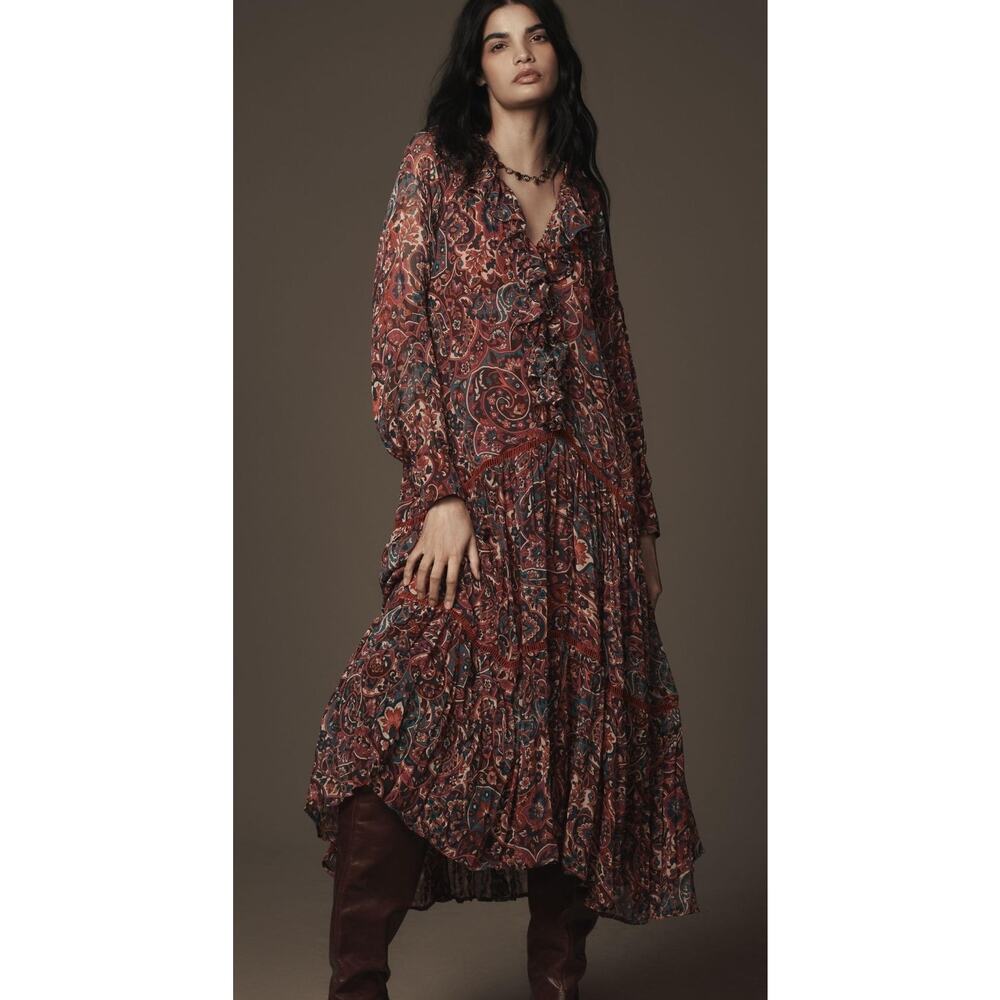 Anthropologie Long-Sleeve Ruffled Boho Midi Dress size‎ L